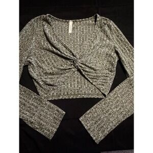 Chocolate USA Womens Small Gray Twist Front Crop Top Long Sleeve Y2K